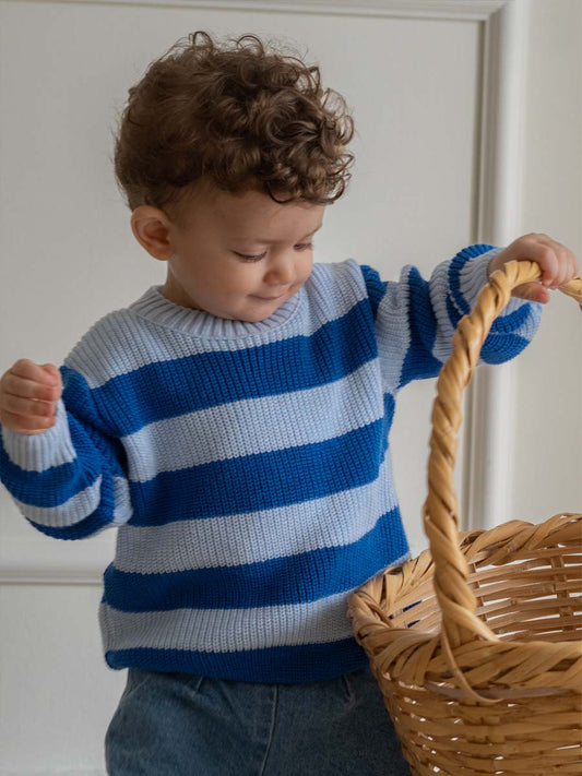 Ensemble Salopette Jeans et Pull Tricot Bleu Rayé