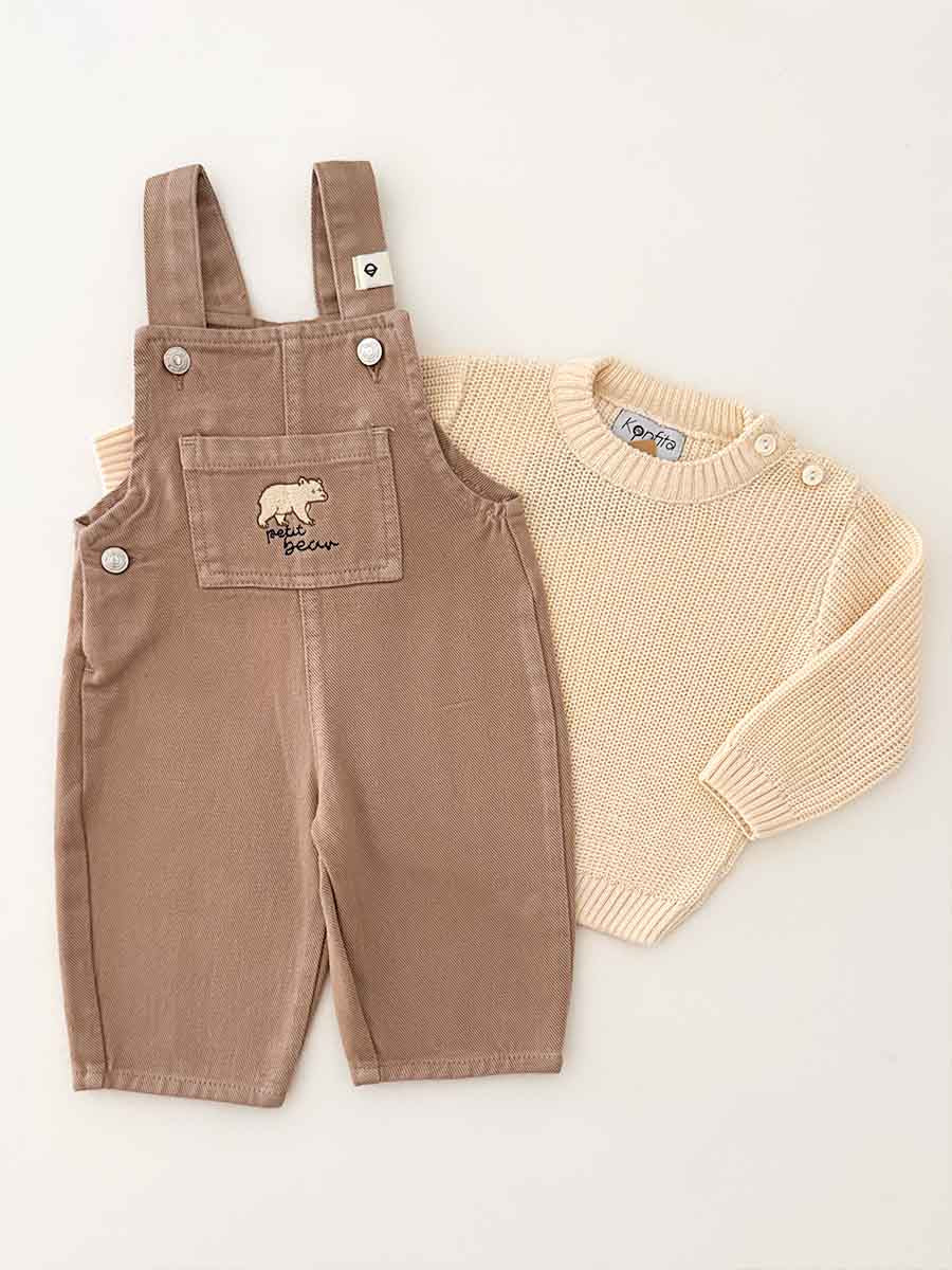 Ensemble Salopette Bear et Pull Tricot Beige Clair