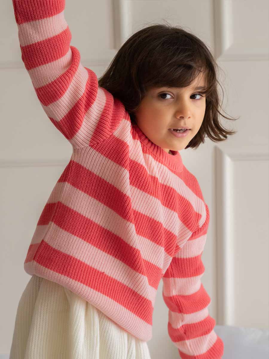 Ensemble Salopette Jeans et Pull Tricot Rose Rayé