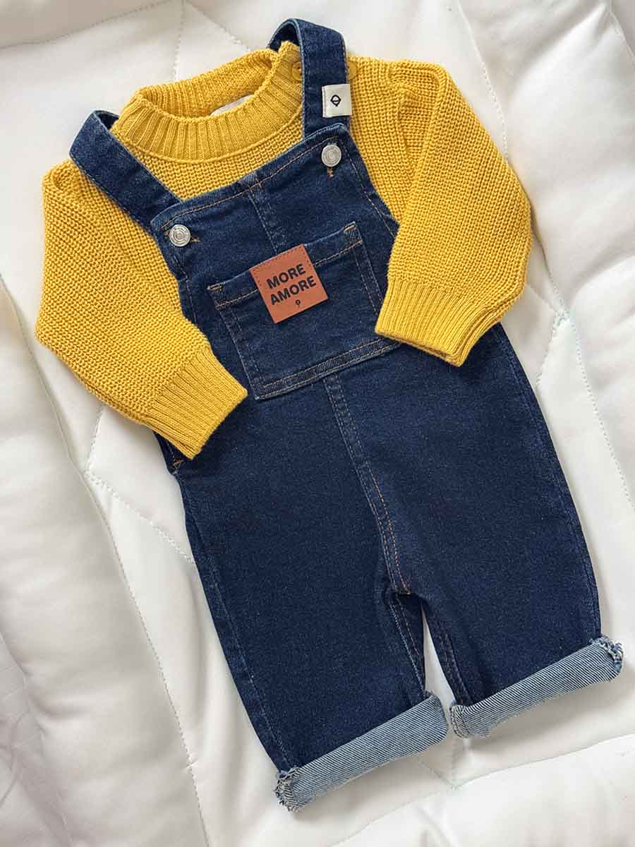 Ensemble Salopette Jeans et Pull tricot Jaune moutarde