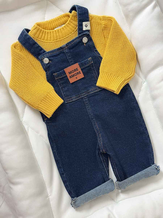 Ensemble Salopette Jeans et Pull tricot Jaune moutarde