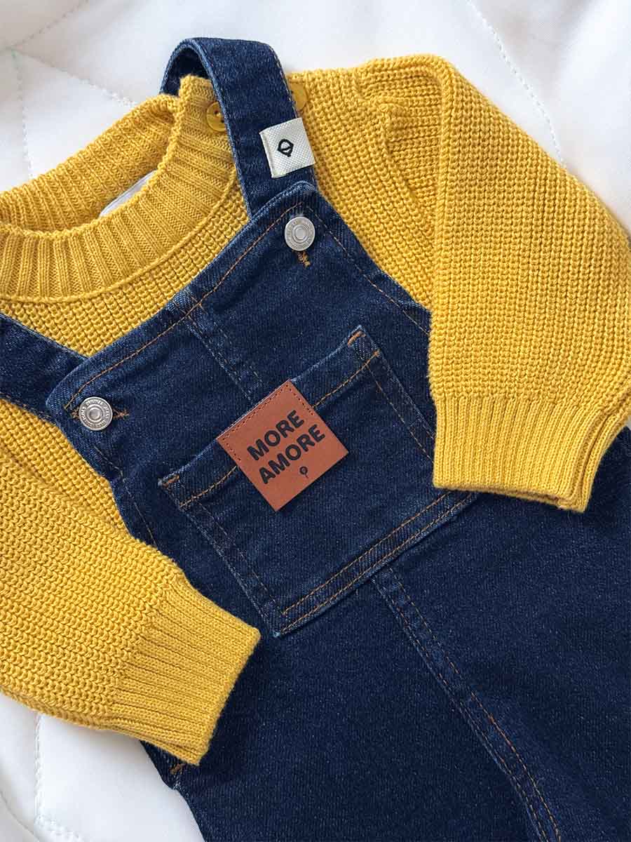 Ensemble Salopette Jeans et Pull tricot Jaune moutarde