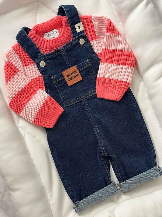 Ensemble Salopette Jeans et Pull Tricot Rose Rayé