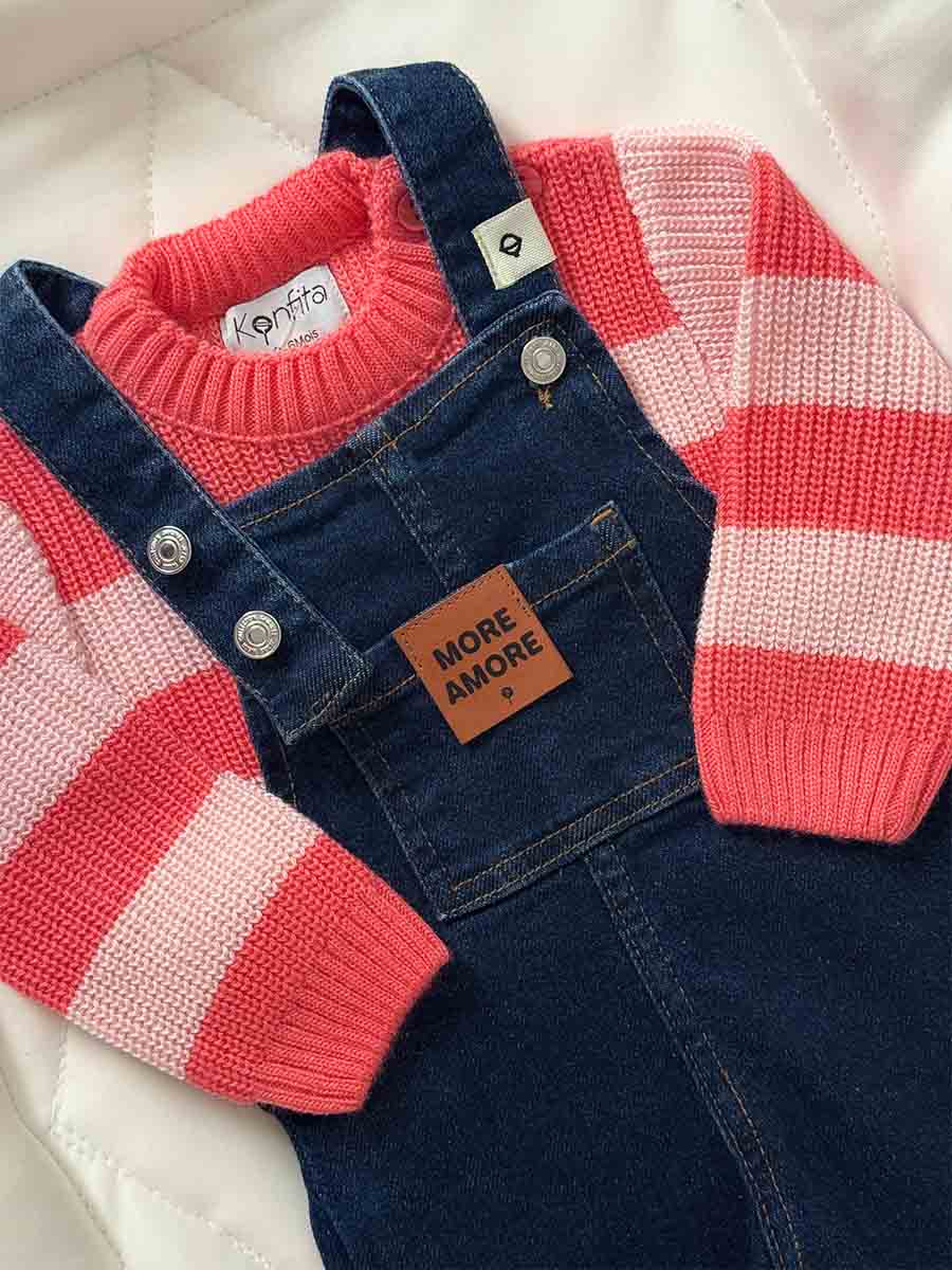 Ensemble Salopette Jeans et Pull Tricot Rose Rayé