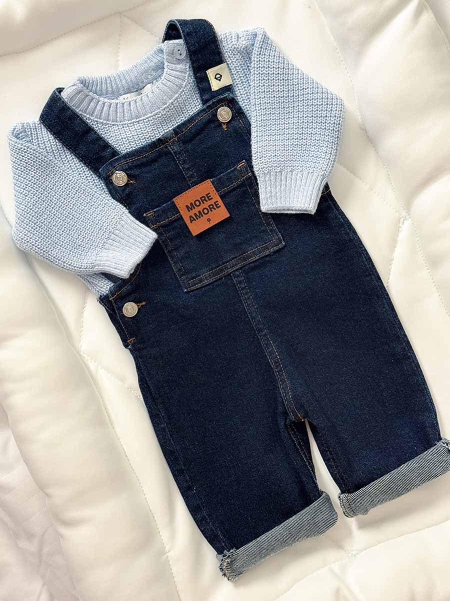 Ensemble Salopette Jeans et Pull Tricot Bleu Ciel