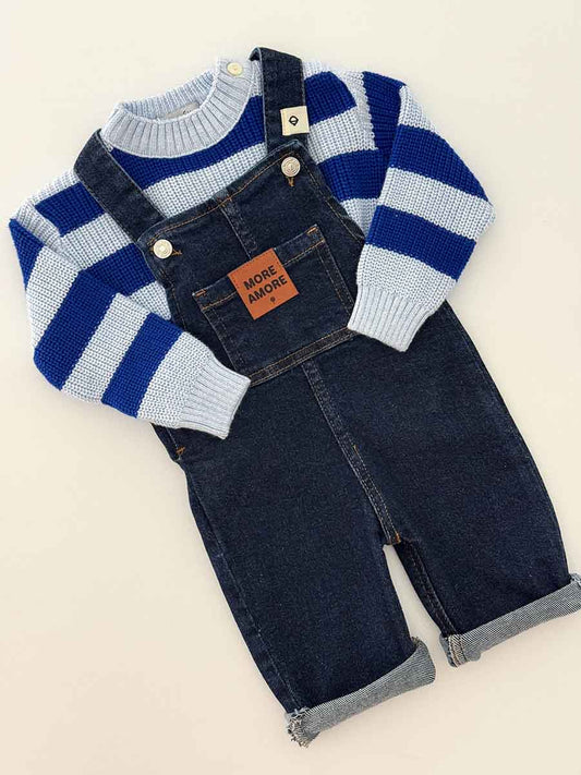 Ensemble Salopette Jeans et Pull Tricot Bleu Rayé