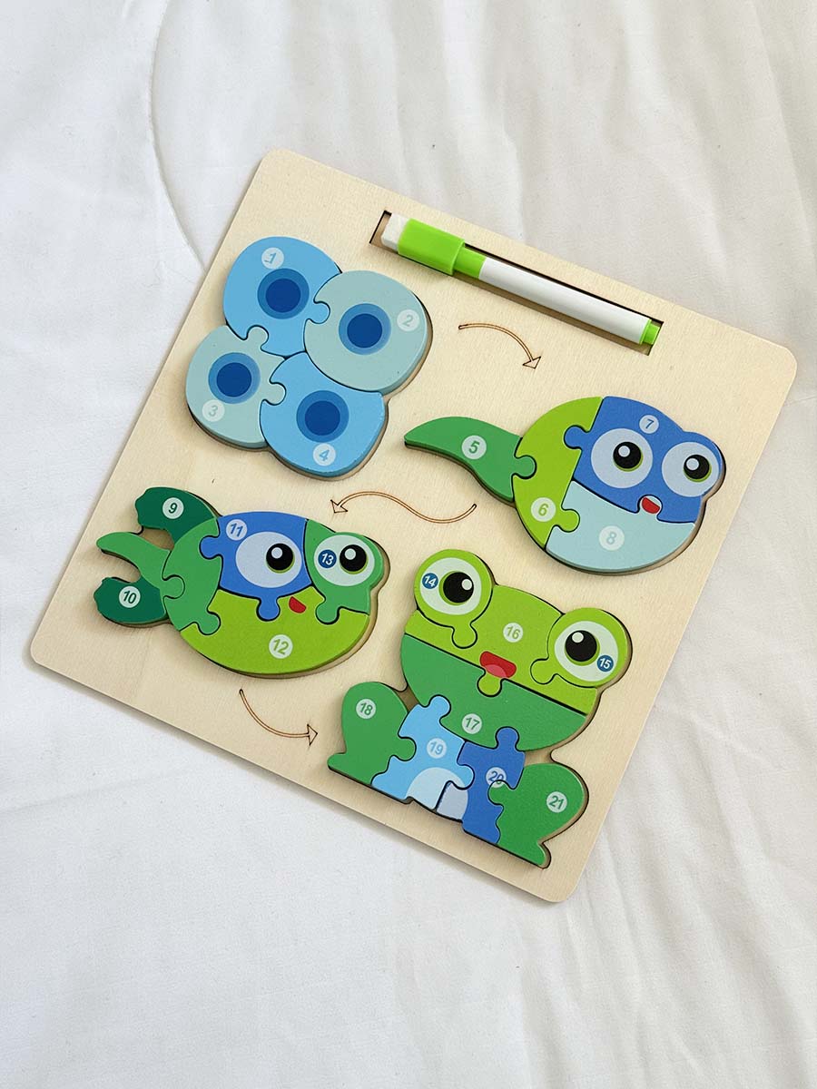 Puzzle en Bois 2-en-1 : Cycle de la Grenouille & Tableau d'Écriture